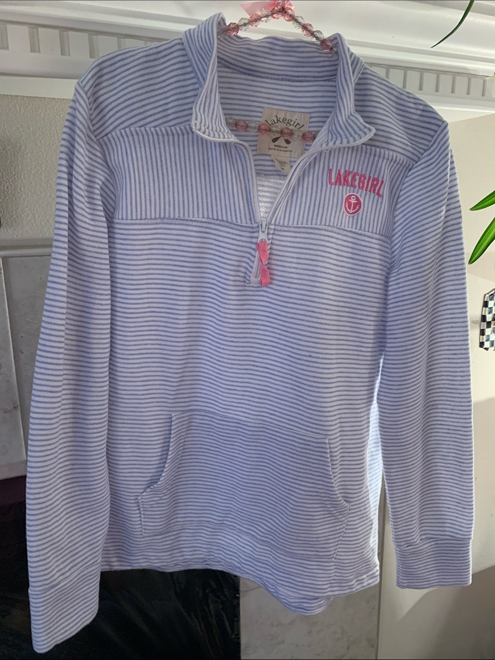 Lakegirl Blue/White Striped Half-Zip Pullover Kangaroo Pocket Size M